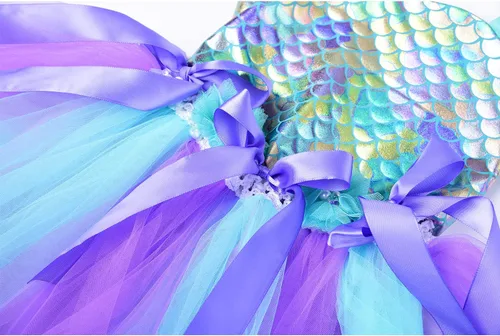 Vista 6 de Aoiviss Girls Mermaid Costume Outfit Mermaid Tutu Ariel Dress with Headband for Birthday Gifts Party Halloween Dress Up