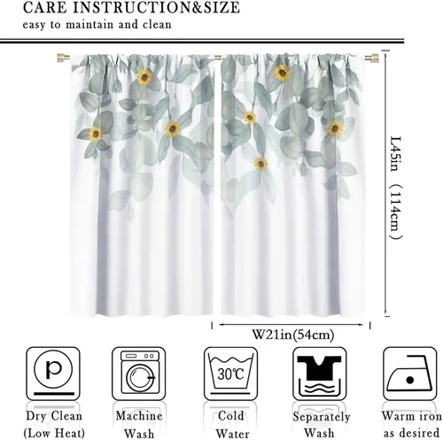 Vista 2 de Cortinas de cocina con hojas de acuarela, diseño de girasol, floral, plantas campestres, primavera, naturaleza, arte, impreso, tela para el hogar