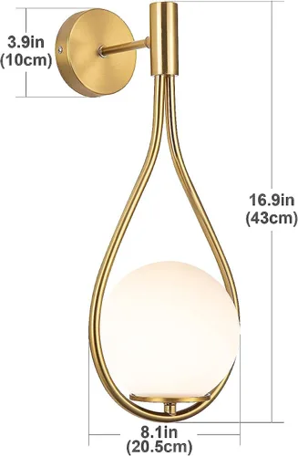 Vista 5 de Paquete de apliques de pared/luces de pared, no cableadas de latón dorado, lámparas de pared de globo de vidrio blanco, lámpara inalámbrica