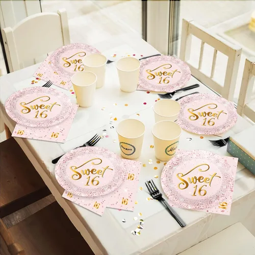 Vista 5 de 96 Piezas Platos y Servilletas de Fiesta de Cumpleaños Sweet 16 Color Oro Rosa Suministros para Fiestas Juego de Vajilla para Fiesta de Dieciséis
