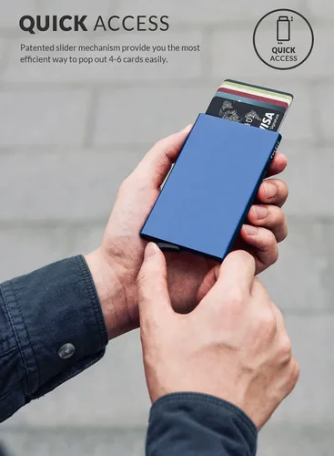 Vista 2 de VULKIT Cartera desplegable, soporte minimalista para tarjetas de crédito, bloqueo RFID, funda de metal delgada para hombres