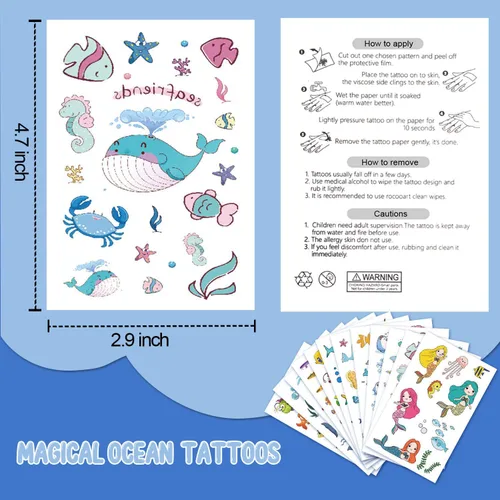 Vista 6 de 200 tatuajes temporales con temática oceánica para niños, decoración de piscina de playa bajo el mar, suministros de fiesta de cumpleaños, tatuajes