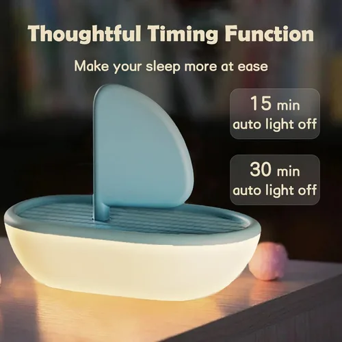Vista 2 de Bonita luz nocturna de velero musical, lámpara de dormir de silicona suave, luz de noche recargable por USB para decoración de habitación, regalo