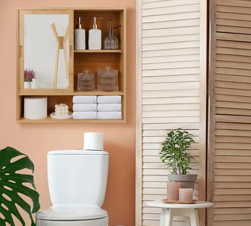 Vista 2 de ZYBT Gabinete de Baño de Bambú, Gabinetes de Medicina con Espejo, Gabinete de Baño Montado en la Pared con Almacenamiento, Gabinetes de Medicina