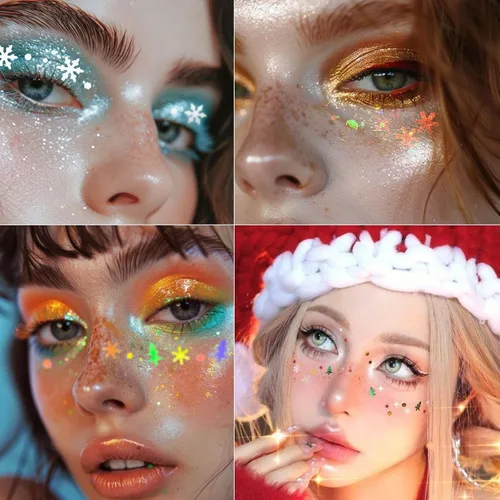 Vista 2 de Gel con purpurina para el cuerpo navideño, 4 colores, 8.5 onzas, holográfico, grueso, sirena, iridiscente, láser, estrella, flor y hojas