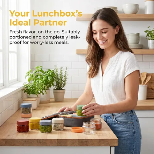 Vista 6 de EONJOE Recipientes de vidrio de 2 onzas para salsas, mini tarros de condimentos con tapas, accesorios para lonchera, paquete de 6 Airtight ,BPA