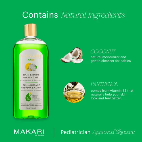 Vista 2 de MAKARI Gel espumoso para el cabello y el cuerpo del bebé Lavado suave para pieles sensibles y delicadas Hipoalergénico y sin parabenos