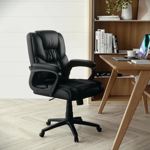 Vista 2 de Flash Furniture Fundamentals - Silla giratoria grande y alta de LeatherSoft para oficina y juegos, silla de oficina ergonómica con reposabrazos Negro