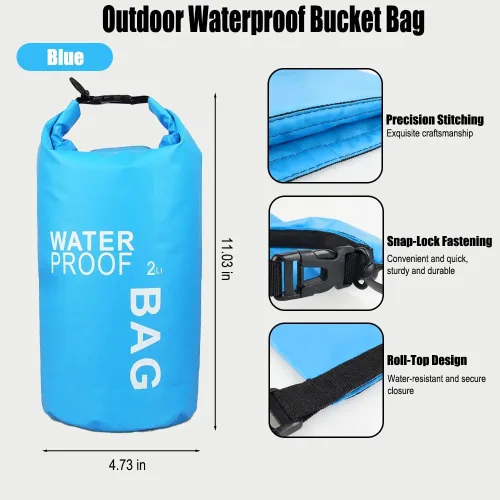 Vista 2 de Bolsa seca impermeable de 2 litros, saco ligero enrollable para kayak, natación, campamento y playa, compacto y resistente al agua, esencial