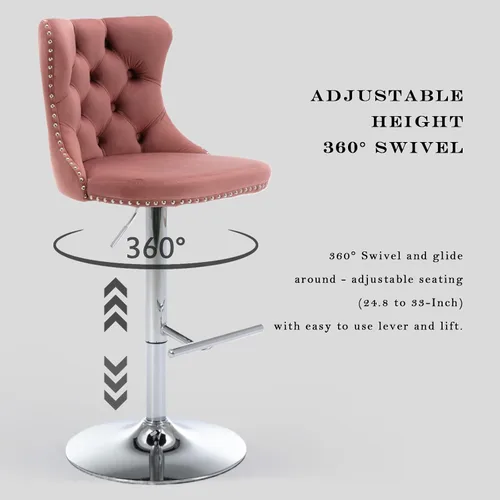 Vista 293 de SoarFlash Juego de 2 taburetes de bar tapizados de terciopelo moderno con patas de madera, botones acolchados, cabeza de clavo cromada, asiento