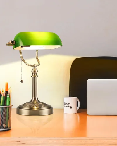 Vista 5 de Puerto de carga rápida USB Lámpara de escritorio de banqueros de vidrio verde y lámpara de escritorio de banqueros de vidrio regulable