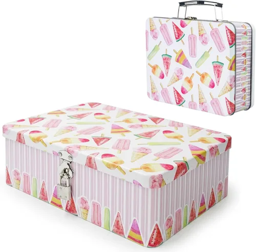 Vista 7 de Luwint Caja de almacenamiento decorativa, 12 pulgadas de largo x 9 pulgadas de ancho, estuche de metal para recuerdo con cerradura y llave y pequeña