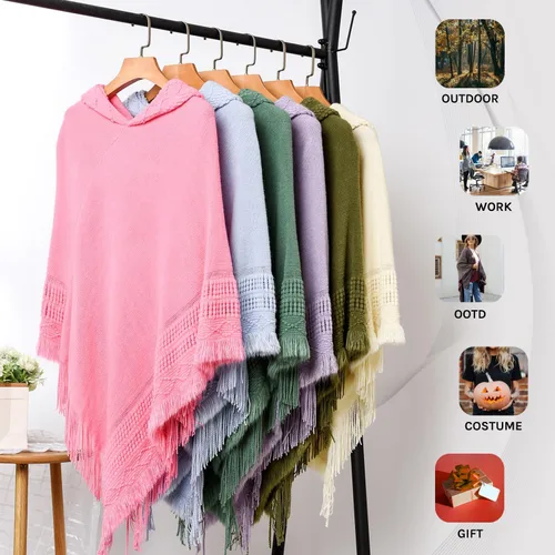 Vista 6 de Capa con capucha Ferand, con flequillo en el dobladillo, patrones de ganchillo para tejer poncho, para mujer.