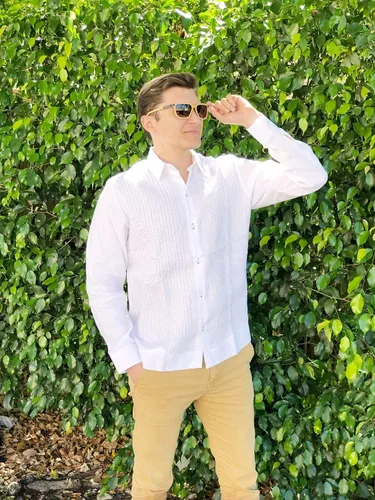Vista 6 de Kin-Ha Guayabera - Manga larga para hombre, 100% lino, estilo presidencial.