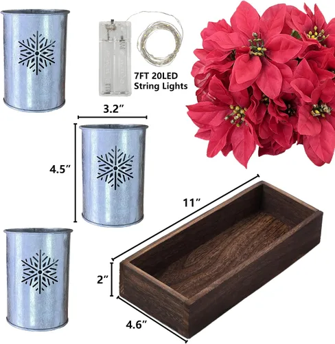 Vista 6 de Flores de Pascua artificiales de Navidad con luces LED, centro de mesa de Navidad rojo en macetas y caja de madera para decoración