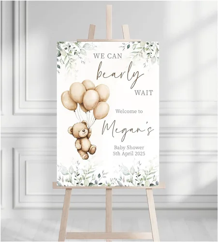 Vista 19 de Letrero de bienvenida para baby shower, personalizable, con texto en inglés «We Can Bearly Wait» Neutral Cute Teddy Bear Theme, varios tamaños