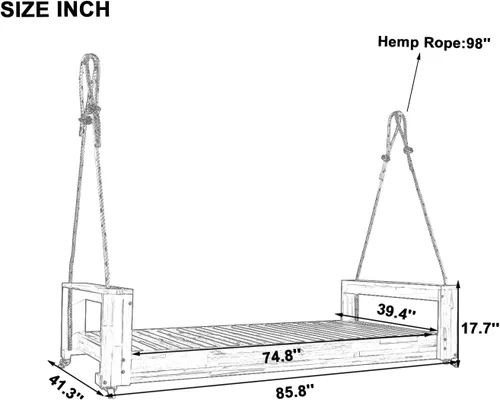 Vista 7 de Merax Columpio de madera de acacia para patio y jardín, sofá cama de día con cuerdas de cáñamo, fácil de montar, gris