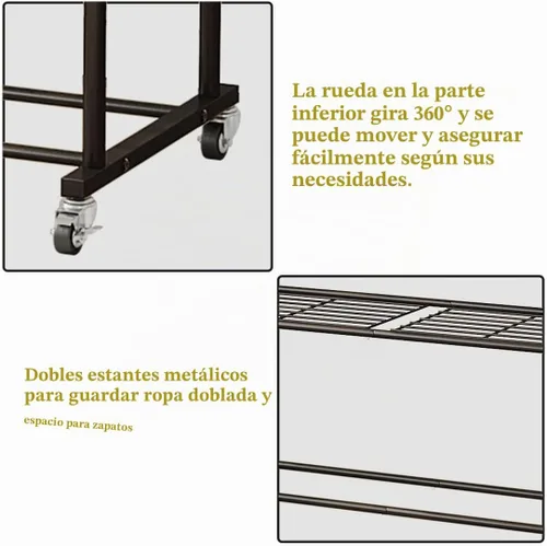 Vista 6 de SUOERNUO Perchero con ruedas para ropa, estante para colgar ropa resistente, estante metálico enrollable para dormitorio, armario (Negro) Perchero