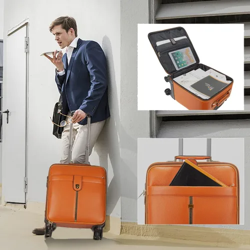 Vista 9 de Leathario Maleta con ruedas de cuero para laptop, maletín con ruedas, Naranja