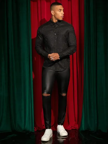Vista 6 de WDIRARA Camisa de manga larga con botones de purpurina transparente para hombre