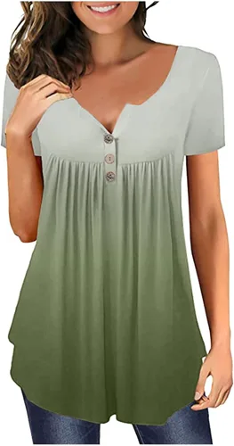 Vista 2 de Camisas de manga larga para mujer, talla grande, con estampado degradado, cuello en V, manga corta, botones