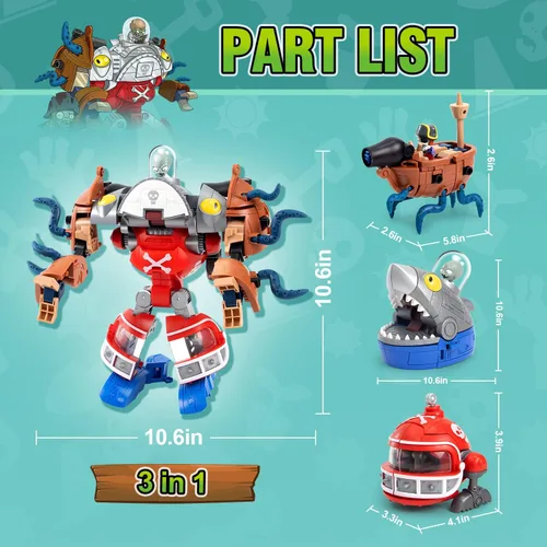 Vista 2 de Maikerry Juego de figuras de juguete PVZ 3 en 1, robot jefe de tiburón deformación, figuras de acción, regalos de cumpleaños y fiesta para niños