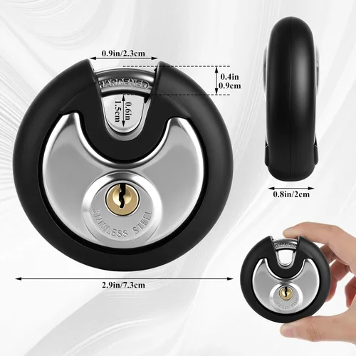 Vista 2 de 4 Pcs Disc Padlock 70 mm, Round Pad Lock with 8 Keys, Stainless Steel Body with Black Rubber Bumper, Storage Unit Use for Shed, Garage, Fence and