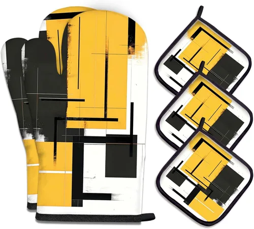 Vista 11 de MCALK Juego de 5 manoplas de horno y soportes para ollas, guantes abstractos para horno y almohadillas calientes para cocina de cocina, manoplas