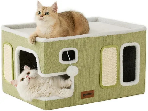 Vista 15 de ZOMISIA Casa térmica para gatos de interior – Cama grande de calentamiento para gatos para invierno con bola esponjosa colgante y almohadilla