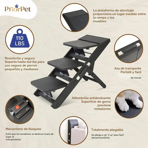Vista 3 de Rampa para perros para sofá, antideslizante, resistente, plegable, soporta hasta 200 libras, ajustable de 7 a 20 pulgadas, plataforma de aterrizaje