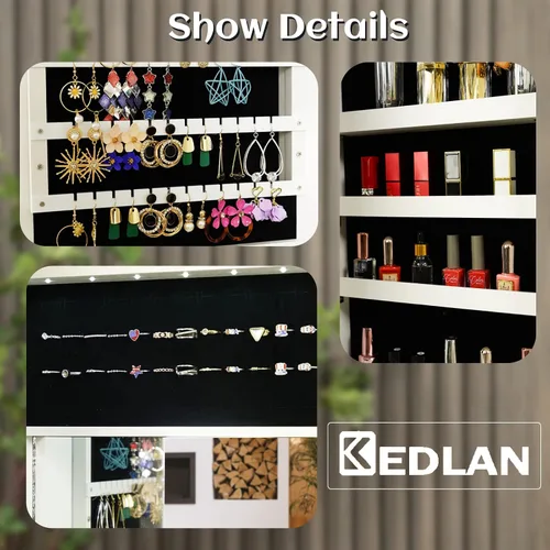 Vista 5 de KEDLAN Organizador de joyas, espejo iluminado de longitud completa con armario de joyería, joyero LED montado en la paredpuerta para mujeres