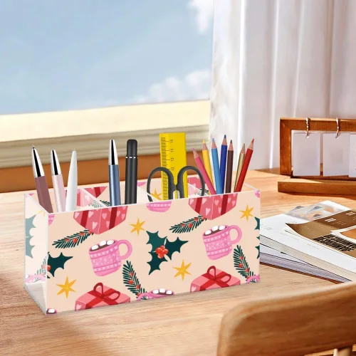 Vista 4 de Cute Christmas Mugs Acrylic Dorm Makeup Brush Holder With 4 Compartments Pen Desk Organizer Makeup Brush Storage Bow Desk Accessories Caddy Pen