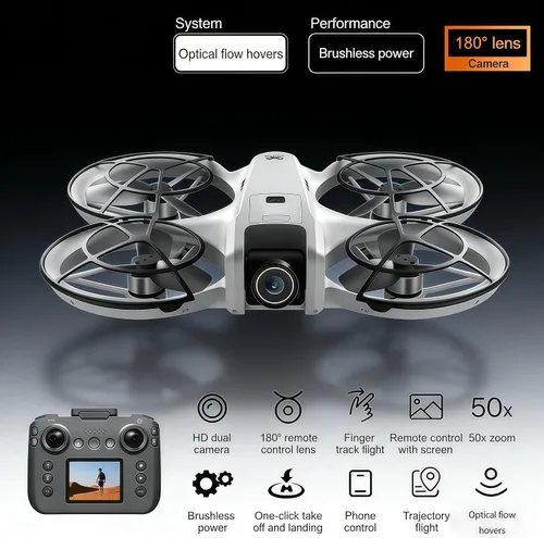 Vista 4 de Drone RC con control remoto de pantalla con pantalla de control remoto, protector de hélice, cámara doble, ajuste de velocidad, retención