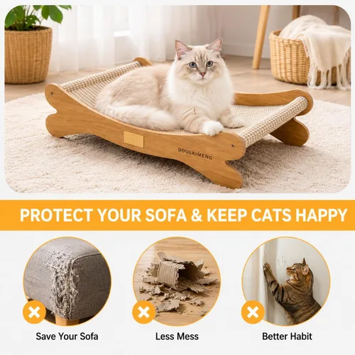 Vista 4 de Wooden Cat Hammock Bed – Elevated Pet Lounger for Cats & Small Dogs, Sturdy Natural Wood Frame, Breathable Mesh Sling, Indoor Cozy Pet Furniture
