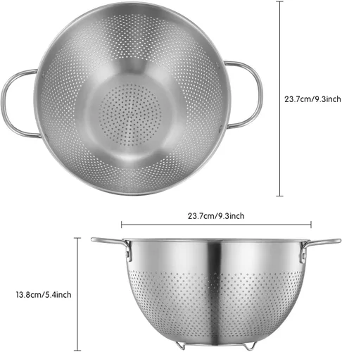 Vista 6 de Colador de acero inoxidable con mango y pies de reposo, colador de pasta de metal para pasta, fideos, arroz, verduras, frutas, apto