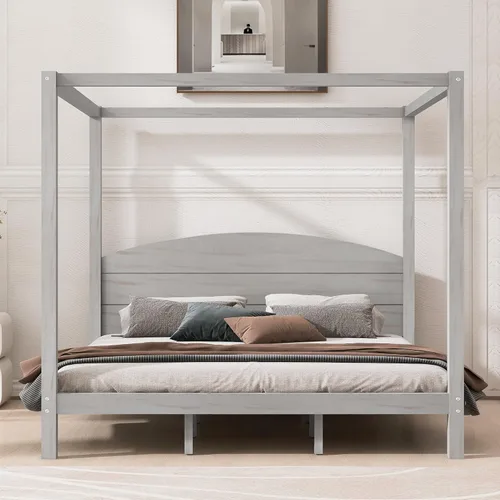 Vista 3 de Linique Cama de plataforma tamaño King con cabecera y patas de soporte, marco de cama King de madera con cuatro pósteres, no requiere somier, gris