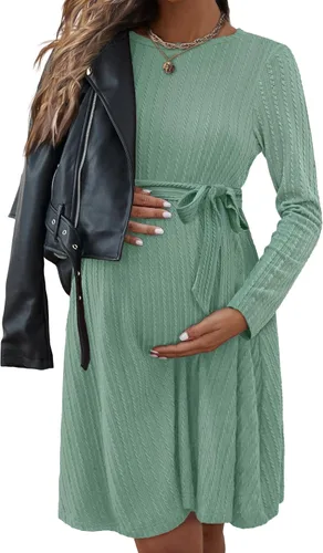 Vista 3 de Ekouaer Vestido de maternidad para mujer, manga larga, punto acanalado, vestido de embarazo, vestido casual de cuello redondo