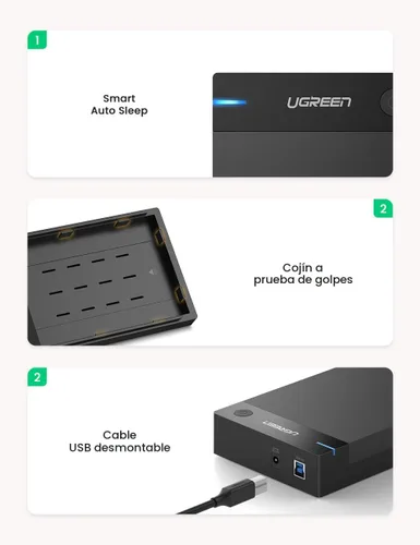 Vista 8 de UGREEN Caja de Disco Duro Externo para SSD HDD SATA de 3.5 2.5 Pulgadas USB 3.0 a SATA III Caja de Disco Duro con Adaptador de Corriente UASP 12V