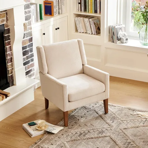 Vista 5 de COLAMY Silla moderna de ala para sala de estar, sillón tapizado de tela, sofá individual con asiento de salón y patas de madera para Beige