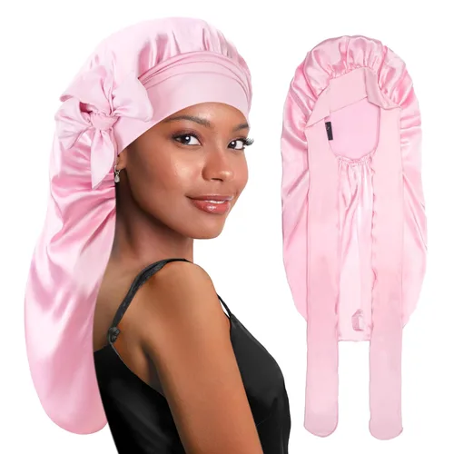 Vista 29 de BONNET QUEEN Gorro de Trenza de Seda Gorro Plegable Extra Largo para Trenzas con Banda de Atar, Capó de Satén Largo para Dormir, Verde Oscuro