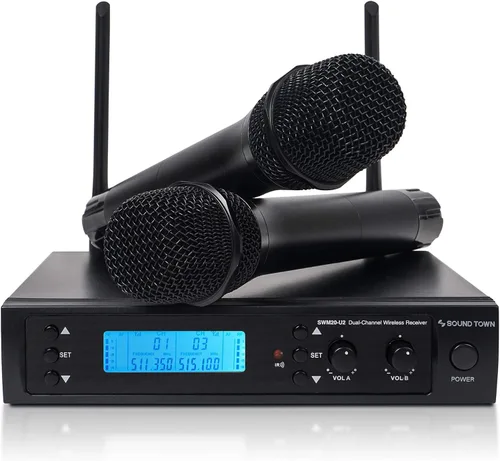 Vista 7 de Sistema Sound Town de micrófono inalámbrico UHF de metal de 200 canales con 2 micrófonos de mano y escaneo automático, para iglesia, escuela, boda