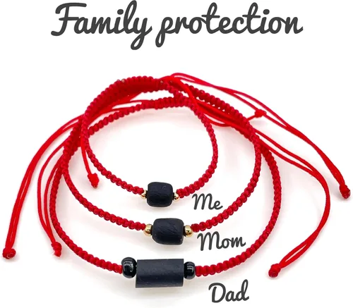 Vista 2 de Red String Bracelet for the Family Against Evil Eye Genuine Jet Stone Azabache Para el Mal de Ojo