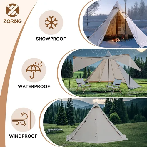 Vista 6 de Hot Tent with Stove Jack, 4 Season 3-4 Person Tipi Tent for Camping, 8.2ft Standing Room with Snow Skirt, Cold Weather Shelter for Family Fishing