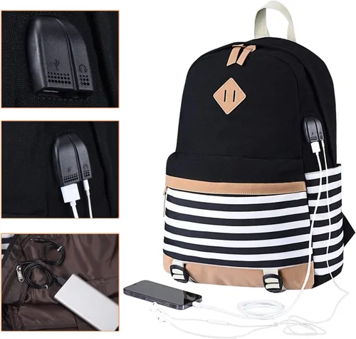 Vista 3 de Mochila escolar de lona a rayas, mochila casual para laptop, mochila para estudiantes universitarios, mochila para mujeres, adolescentes y niñas