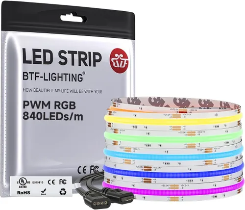 Vista 19 de BTF-LIGHTING FCOB COB - Tira de luz LED RGB con certificación UL, 810 LEDs/m de alta densidad flexible que cambia de color, DC12V 9.8 pies y 0.394