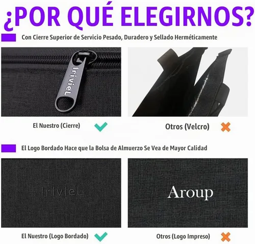 Vista 2 de Bolsa de almuerzo negra para hombres – Bolsa de almuerzo con cremallera para mujer, lonchera simple reutilizable aislada Negro (Talla L)