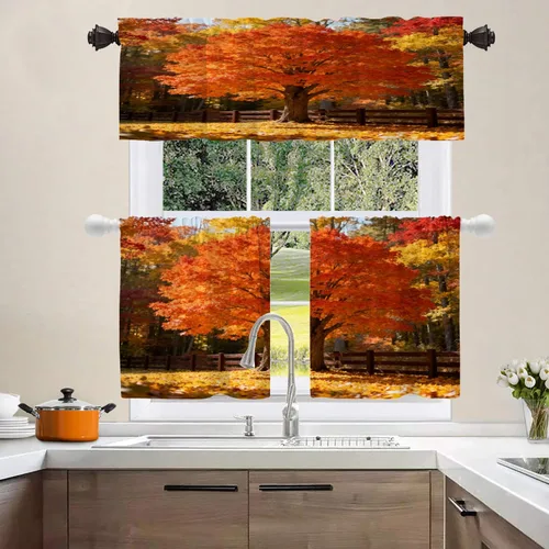 Vista 8 de Shrahala Orange Autumn Autumn Blackout Curtain Tiers, Fall Kitchen Valance Light Blocking Tier Drapes with Rod Pocket, 2 Pack 26 X 24 in