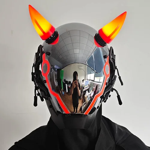 Vista 9 de KYEDAY Máscara punk para hombre, máscara de cuerno de buey LED, tecnología punk futurista, cosplay, Halloween, accesorios para fiestas y festivales