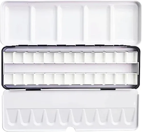 Vista 13 de Jinberry Lata de acuarela de metal con paleta de mezcla plegable, paleta de acuarela vacía multifuncional con sartenes, paleta de bandeja de pintura