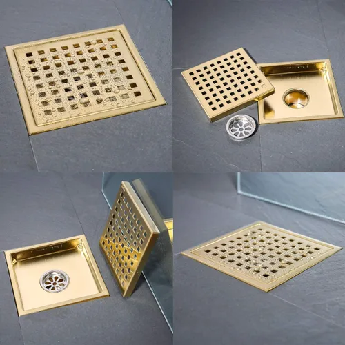 Vista 3 de Drenaje de ducha de 6 pulgadas en oro cepillado, kit de drenaje cuadrado para piso de ducha de acero inoxidable con rejilla de inserción de azulejos